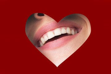 Stomatology. Woman mouth with red lips and white teeth. Perfect smile.