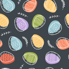 Seamless vector pattern of decorated Easter eggs and abstract floral elements on dark black background. Festive trendy outlined geometric pastel patterns with white line. Flat holiday print web design
