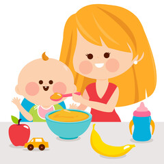 Mother feeding her baby a bowl of cereal and fruit. Vector illustration