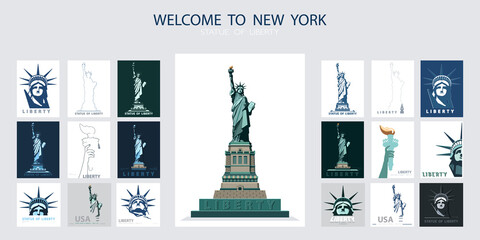 Statue of Liberty design template set. Banner, geometric colored flat design. New York. Booklet, album poster. Name of the Annual Report Ad Text. X-banner. Information banner, vector illustration © VASYL