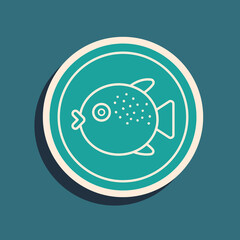 Green Puffer fish on a plate icon isolated on green background. Fugu fish japanese puffer fish. Long shadow style. Vector..