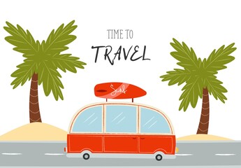 Cartoon red van on road. Street on beach with palms. Cute texture hand drawn illustration.Vector 