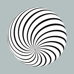 3D geometric striped rounded shape. Sphere. Illusion effect. The Ball. Black color. Stylized modern minimalistic graphic design. Decoration element. Vector EPS 10. 