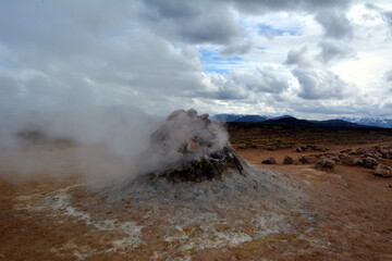 The sulfur hot geysers at Hverir in Iceland