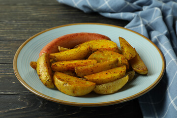 Plate with fried potato and sausage, and kitchen towel on wooden background