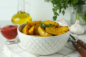 Concept of tasty meal with potato wedges, close up