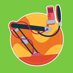Studio desktop microphone with broadcast text over the air for podcasts, online communication and web conferencing. Vector illustration in a flat style.