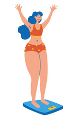 Young happy woman standing on scales. Women happy about body mass Body positive motivation slogan your body is beautiful. Nutrition, diet and healthy lifestyle concept. Cartoon Vector Illustration