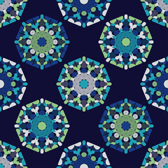 Mandala. Paisley ornament. Seamless background. Design with manual hatching. Ikat. Vector illustration for web design or print.