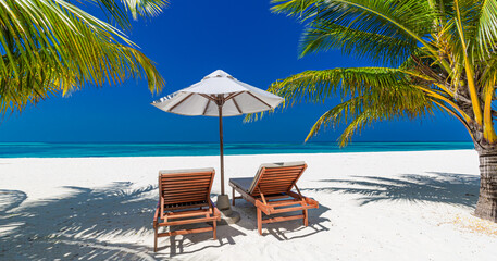 Tropical beach nature as summer landscape with lounge chairs and palm trees and calm sea for beach banner. Luxurious travel landscape, beautiful destination for vacation or holiday. Beach scene
