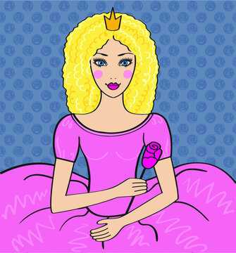 girl in pink, Vector princess with a flower, A princess with blonde hair.