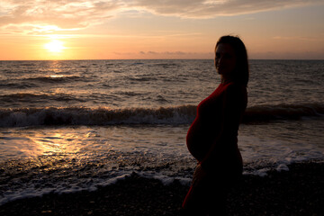 Fototapeta premium Stylish pregnant woman. Beautiful young pregnant woman enjoying the sunset. Pregnant tummy. The pleasure of pregnancy. Life style. Motherhood.Maternity.