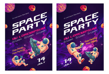 Space party cartoon flyers, invitation to music show with astronaut dj with turntable in open space, spaceman mixing techno sounds, cosmos, galaxy posters free drinks and parking Vector illustration