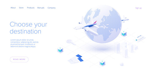 Travelling by air concept in isometric vector illustration. Around the world flight tour or trip. Cheap airline tickets searching and booking service. Website layout or web banner template.