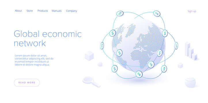 Global economic network in isometric vector illustration. World economy or global financial map concept. Web banner layout template.