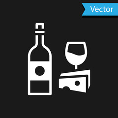 White Wine bottle with glass and cheese icon isolated on black background. Romantic dinner. Vector.