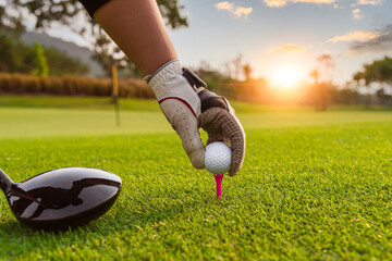 Golfer hold golf ball put on tee by black and white glove with sunlight ray blur green golf course...