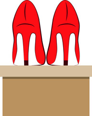 vector red shoes on a cardboard box. flat image of a pair of women's shoes with long heels. shoes stand on a brown cardboard box
