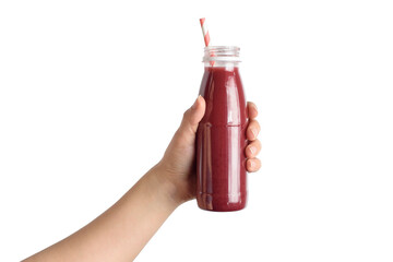 Hand with bottle of the smoothie. Isolated object on white. Concept of the diet, health nutrition
