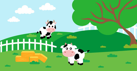Obraz na płótnie Canvas Cute Cartoon Vector Illustration of Cow and Farm Rural Meadow