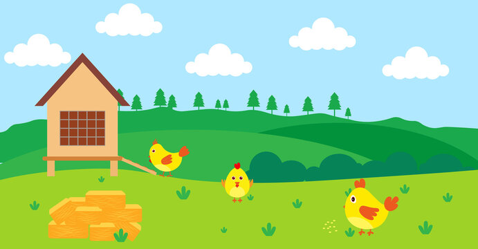 Cute Cartoon Vector Illustration of Chicken and Farm Rural Meadow