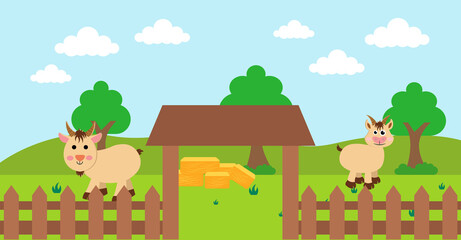 Cute Cartoon Vector Illustration of Goat and Farm Rural Meadow