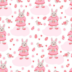 Vector hand drawn seamless pattern. Cute little girl rabbit with an Easter egg and pink clouds. She is wearing a nice dress with ruffles. Lovely birds. Great for fabrics, wrapping papers, covers.