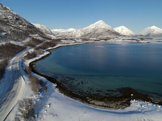 Aerial view Lofoten Islands in Winter, Lofoten, North Norway