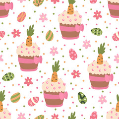 Vector seamless pattern with colorful eggs, daisy flowers and Easter cakes decorated with carrots. Great for fabrics, wrapping papers, covers. White background. Hand drawn illustration.