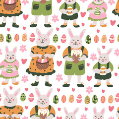 Spring seamless pattern. Cute bunnies or rabbit family with Easter cakes and baskets decorated with flowers, colorful eggs. Great for fabrics, wrapping papers, covers. Hand drawn vector illustration.