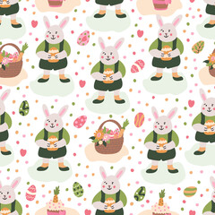 Vector spring seamless pattern. Cute rabbit boys or bunnies on the grass, colorful eggs, Easter cakes and baskets decorated with flowers. Great for fabrics, wrapping papers, covers. Easter design.