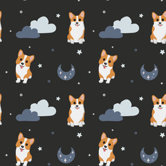 Seamless vector pattern with corgi, stars and moon. Trendy baby texture for fabric, wallpaper, apparel, wrapping paper