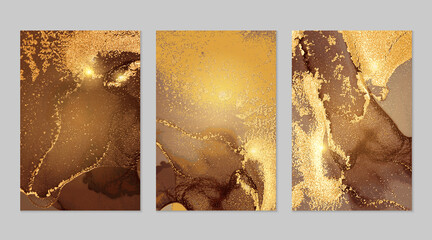 Brown and gold pattern with texture of geode and sparkles. Abstract vector background in alcohol ink technique. Modern paint with glitter. Set of backdrops for banner, poster design. Fluid art