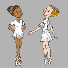 Vector little cute ballerina in graceful poses, ballet dancer. print for clothes and cards