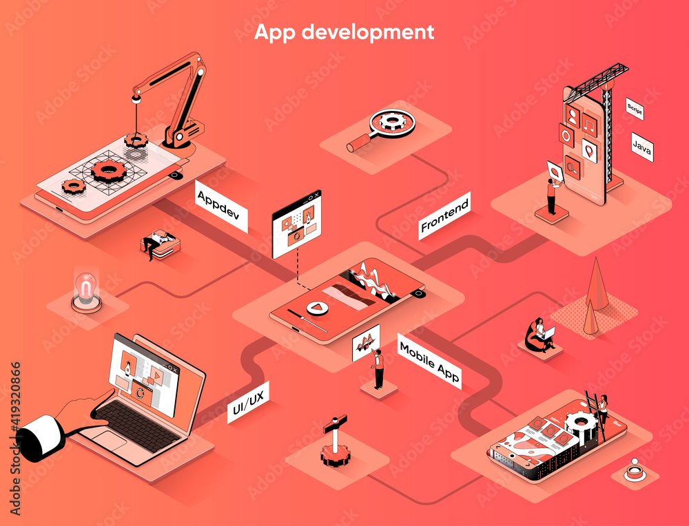 Poster App development isometric web banner. Programming smartphone mobile or computer application flat isometry concept. UI UX design developing 3d scene. Vector illustration with tiny people characters