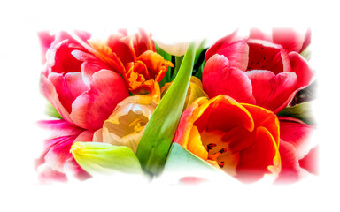 various colored tulip flowers top view with white frame  background
