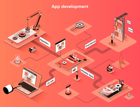 App development isometric web banner. Programming smartphone mobile or computer application flat isometry concept. UI UX design developing 3d scene. Vector illustration with tiny people characters