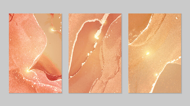 Peach pink and gold pattern with texture of geode and sparkles. Abstract vector background in alcohol ink technique. Modern paint with glitter. Set of backdrops for banner, poster design. Fluid art