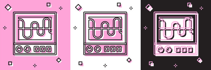 Set Oscilloscope measurement signal wave icon isolated on pink and white, black background. Vector.