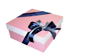 Pink square gift box tied with bow from two silk ribbons blue and silver colored, isolated on white background. Decorative packing box for a gift for any occasion. Festive shopping or congratulation