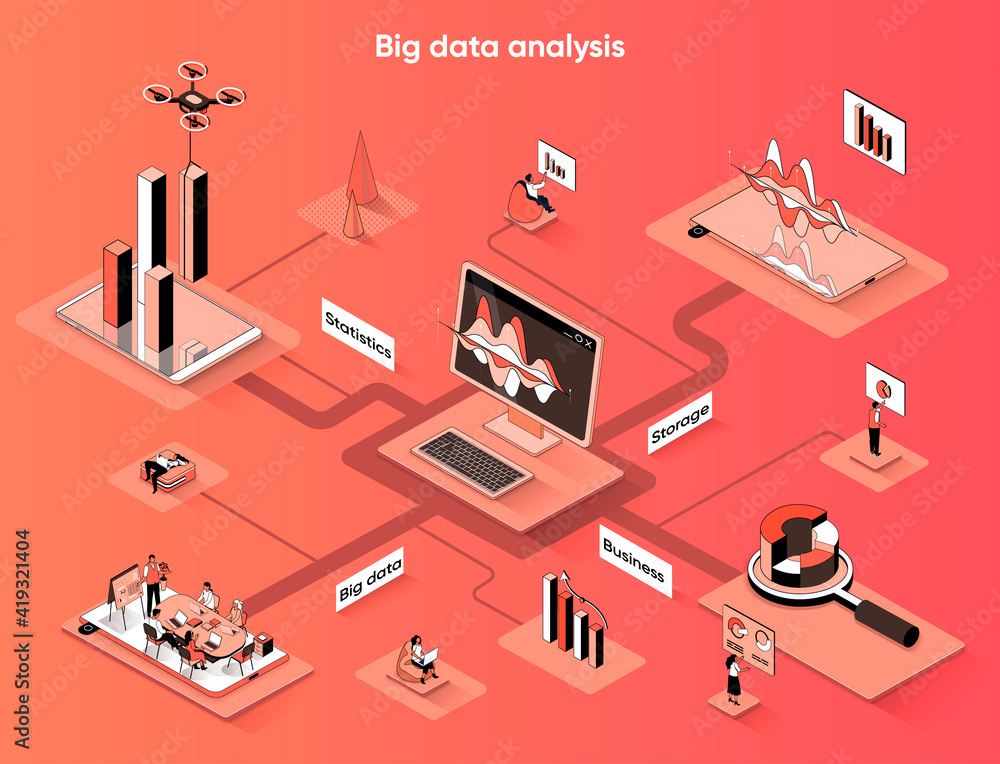 Fototapete big data analysis isometric web banner. collection and analytics of business statistics info flat is