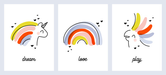 Artistic vector illustrations set of playful rainbow, happy unicorn and cheerful cockatoo parrot. Funny design for cute greeting card or cool poster. Editable stroke © ussr design studio