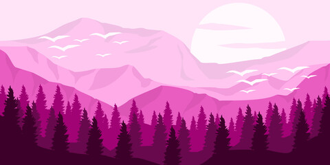 Purple mountain landscape vector illustration in flat style design for background template, social media background template and backdrop