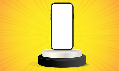 Realistic smartphone mockup with front view, Device UI UX mockup blank screen, Frame less smartphone, vector illustration for your visual app demonstration. 3d Podium, Isolated transparent background