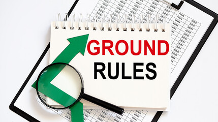 Notebook with Tools and Notes about GROUND RULES with chart,business