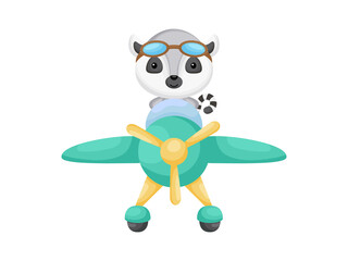 Little lemur wearing aviator goggles flying an airplane. Funny baby character flying on plane for greeting card, baby shower, birthday invitation, house interior. Isolated cartoon vector illustration