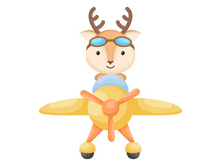 Little deer wearing aviator goggles flying an airplane. Funny baby character flying on plane for greeting card, baby shower, birthday invitation, house interior. Isolated cartoon vector illustration