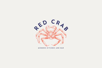 Logo template with an image of red crab drawn by graphic lines on a light background. Retro emblem for the menu of fish restaurants, markets and shops. Vector vintage engraving illustration.