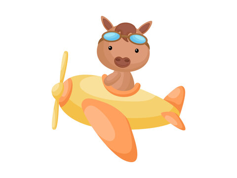 Little horse wearing aviator goggles flying an airplane. Funny baby character flying on plane for greeting card, baby shower, birthday invitation, house interior. Isolated cartoon vector illustration