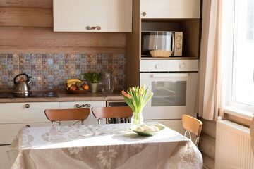 modern kitchen interior in wooden house